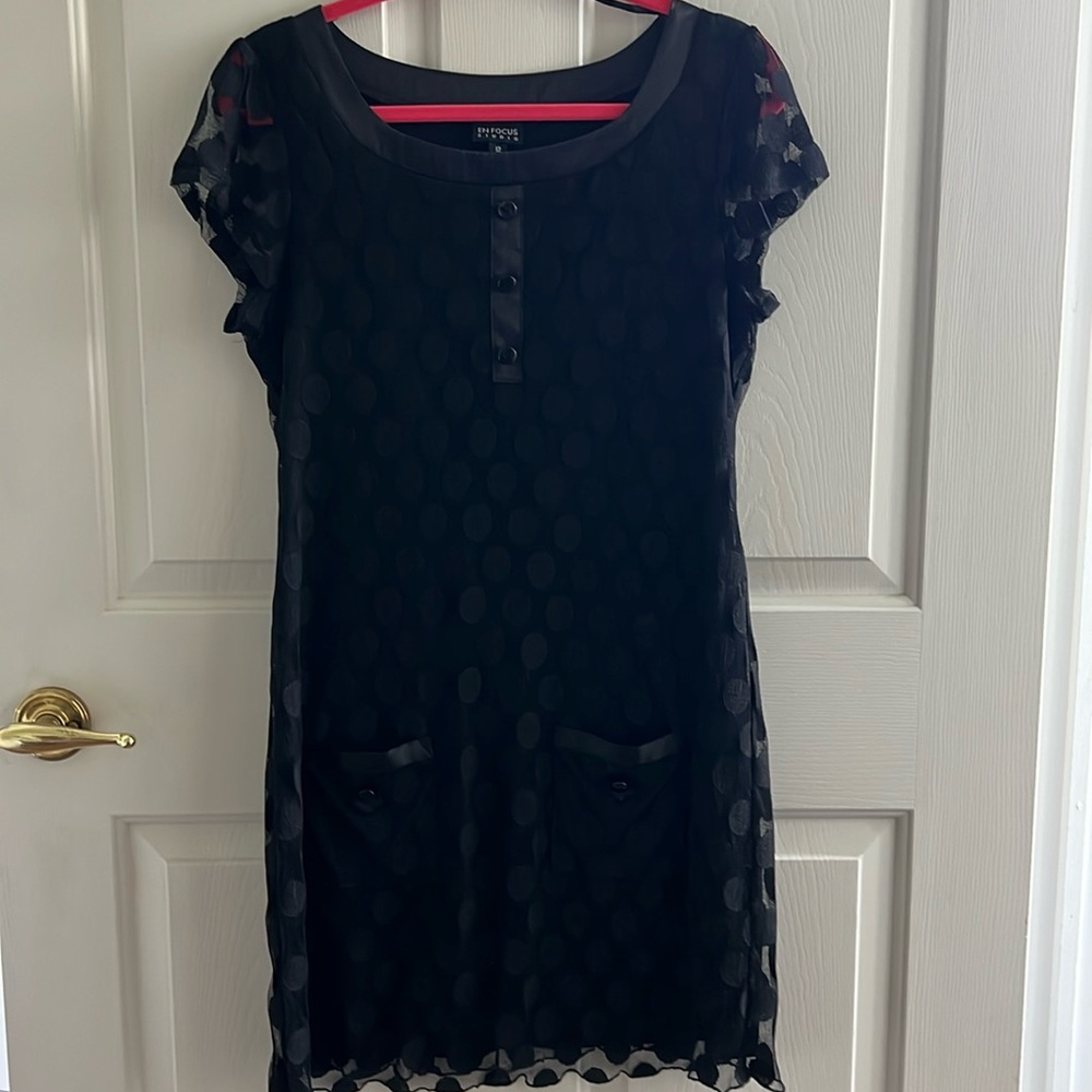 En Focus Studio Mesh Lace Polka Dot Sheer Lined Short Sleeve Dress